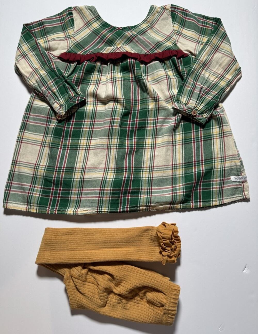 RuffleButts Girls Plaid Tunic Top & Mustard Ruffle Leggings Set Size 4T